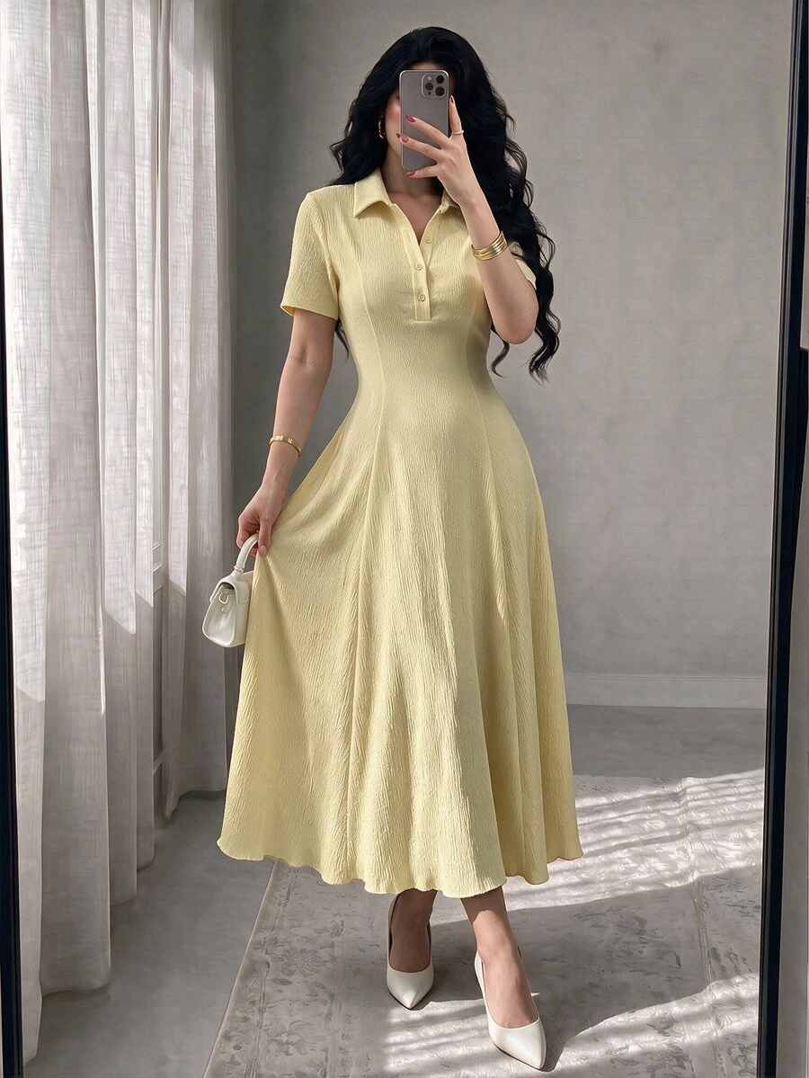 Modelyn Women's Pale Yellow Summer Elegant Tea Party Dress,Polo Collar Button-Front Textured A-Line Midi Dress,Short Sleeve Two-Way Stretch Spandex Knit Gown
