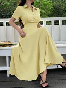 Modelyn Women's Pale Yellow Summer Elegant Tea Party Dress,Polo Collar Button-Front Textured A-Line Midi Dress,Short Sleeve Two-Way Stretch Spandex Knit Gown - Yellow - View 6