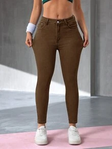 Flexra Women's Casual Daily Denim Jeans With Pockets And Buttons - Brown - View 4