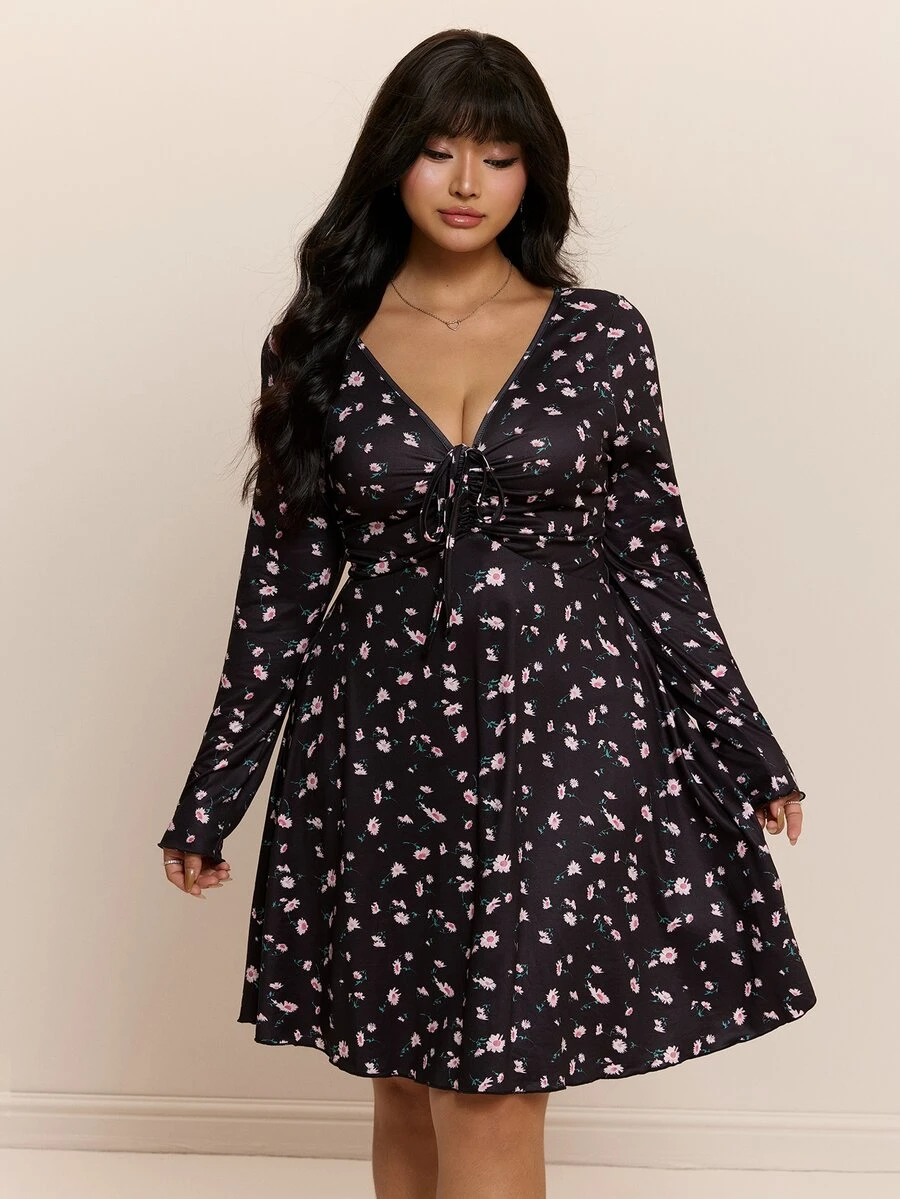 CovetEZ Autumn/Winter New Romantic Floral V-Neck Tie-Front Casual Long Sleeve Plus Size Dress Fall - Black - View 1