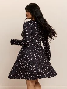 CovetEZ Autumn/Winter New Romantic Floral V-Neck Tie-Front Casual Long Sleeve Plus Size Dress Fall - Black - View 2