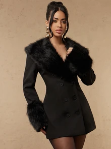 SHEIN BAE CURVE Plus Size Women's Black Patchwork Fur Collar Long Sleeve Double Breasted Blazer - Black - View 7