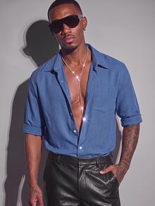 Mainfolk Men's Solid Color Casual Versatile Daily Short Sleeve Shirt - Navy Blue - View 4