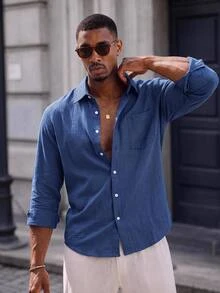 Mainfolk Men's Solid Color Casual Versatile Daily Short Sleeve Shirt - Navy Blue - View 2