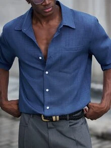 Mainfolk Men's Solid Color Casual Versatile Daily Short Sleeve Shirt - Navy Blue - View 5