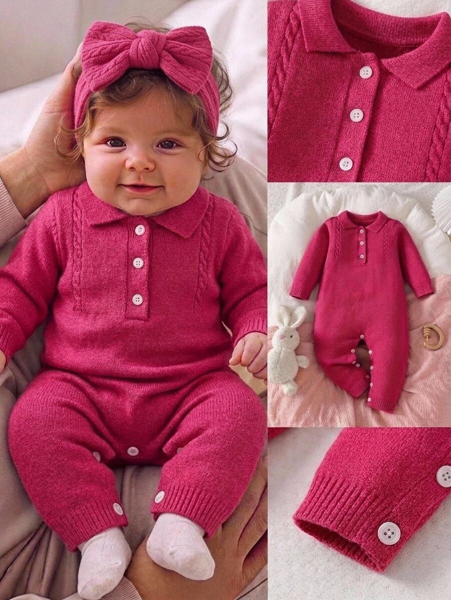 SHEIN Baby Girl Polo Collar Long Sleeve Casual Knit Romper - Burgundy - View 1