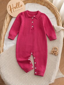 SHEIN 女嬰 Polo 領長袖休閒針織連身衣 - 酒紅色 - 查看 1