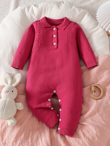 SHEIN 女嬰 Polo 領長袖休閒針織連身衣 - 酒紅色 - 查看 8