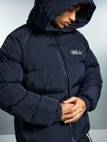 ROMWE MEN Men's Winter Hooded Printed Zip-Up Jacket - Navy Blue - View 7