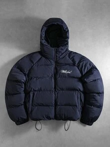 ROMWE MEN Men's Winter Hooded Printed Zip-Up Jacket - Navy Blue - View 5