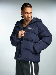 ROMWE MEN Men's Winter Hooded Printed Zip-Up Jacket - Navy Blue - View 10