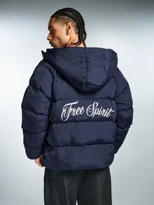 ROMWE MEN Men's Winter Hooded Printed Zip-Up Jacket - Navy Blue - View 3