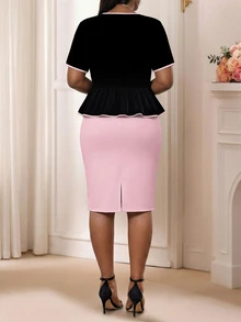 SHEIN Lady Setelan 2 Potong Atasan dan Rok Pesta Elegan Ukuran Plus dengan Dekorasi Pita, Warna Hitam dan Pink untuk Musim Panas - Berwarna merah muda - View 3