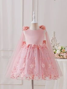 SHEIN 優雅香檳色花童禮服，無袖3D花卉刺繡公主長裙，附長款網紗披肩，適用婚禮、生日派對 - 粉色 - 查看 6