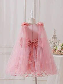 SHEIN 優雅香檳色花童禮服，無袖3D花卉刺繡公主長裙，附長款網紗披肩，適用婚禮、生日派對 - 粉色 - 查看 5