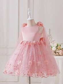 SHEIN 優雅香檳色花童禮服，無袖3D花卉刺繡公主長裙，附長款網紗披肩，適用婚禮、生日派對 - 粉色 - 查看 4