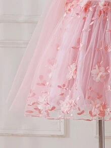 SHEIN 優雅香檳色花童禮服，無袖3D花卉刺繡公主長裙，附長款網紗披肩，適用婚禮、生日派對 - 粉色 - 查看 8