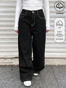 SHEIN Tween女孩寬腿黑色牛仔鬆款長褲，附口袋，2026秋冬款，可愛Y2K百搭，適合萬聖節與新年，兒童穿著 - 黑色 - 查看 2