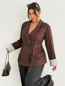 Firerie Plus Size Elegant Button Lapel Blazer Jacket For Business Office Work Blazer For Women Fall/Winter Elegant Brown Blazer For Women Elegant Going Out - Brown - View 7