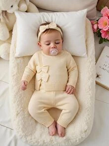 Bộ áo len xẻ gấu trang trí nơ và quần len cho trẻ sơ sinh mùa đông - Màu be - Xem 3