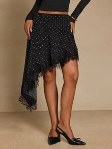 SHEIN Unity Women's French Polka Dot Print Lace Patchwork Skirt - Black - View 5