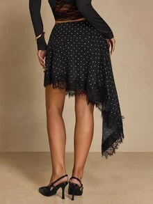 SHEIN Unity Women's French Polka Dot Print Lace Patchwork Skirt - Black - View 4