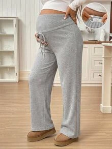 SHEIN Maternity Adjustable Button Drawstring Loose Long Pants - Grey - View 2