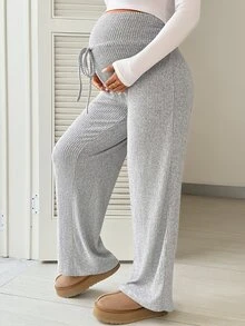 SHEIN Maternity Adjustable Button Drawstring Loose Long Pants - Grey - View 6