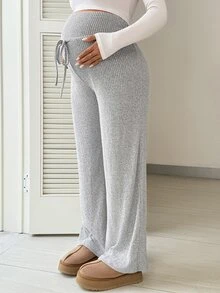 SHEIN Maternity Adjustable Button Drawstring Loose Long Pants - Grey - View 3