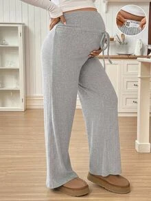 SHEIN Maternity Adjustable Button Drawstring Loose Long Pants - Grey - View 10