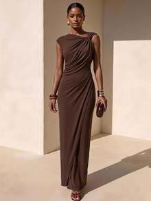 Zivah Women's Open Back Ruched Fitted Long Party Dress,Coffee Brown Summer Night Out Seductive V-Neck Waist Wrap Dress For Wedding Guest Evening Date - Coffee Brown - View 1