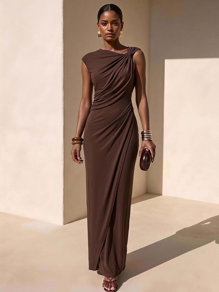 Zivah Women's Open Back Ruched Fitted Long Party Dress,Coffee Brown Summer Night Out Seductive V-Neck Waist Wrap Dress For Wedding Guest Evening Date - Coffee Brown - View 1