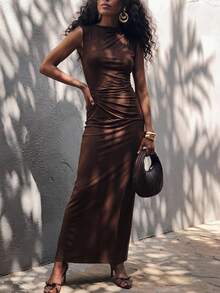 Zivah Women's Open Back Ruched Fitted Long Party Dress,Coffee Brown Summer Night Out Seductive V-Neck Waist Wrap Dress For Wedding Guest Evening Date - Coffee Brown - View 11