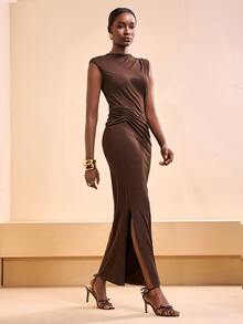Zivah Women's Open Back Ruched Fitted Long Party Dress,Coffee Brown Summer Night Out Seductive V-Neck Waist Wrap Dress For Wedding Guest Evening Date - Coffee Brown - View 7