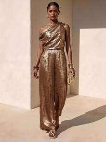 Zivah Rust Brown Summer Elegant Party Night Jumpsuit,Gold Asymmetric Ruched Cinched Waist Shiny Textured Boho Wedding Guest Banquet Holiday Streetwear - Mocha Brown - View 1