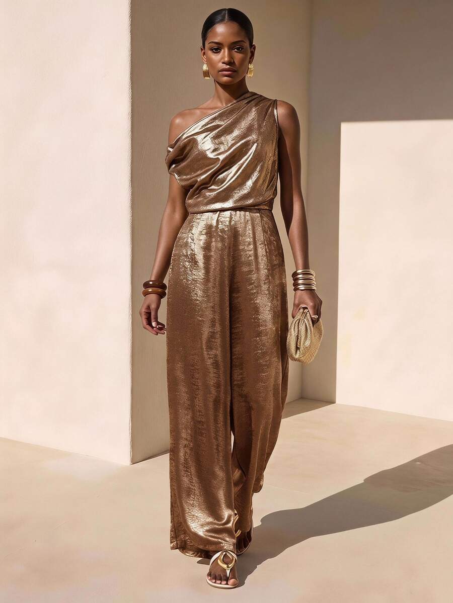 Zivah Rust Brown Summer Elegant Party Night Jumpsuit,Gold Asymmetric Ruched Cinched Waist Shiny Textured Boho Wedding Guest Banquet Holiday Streetwear - Mocha Brown - View 1