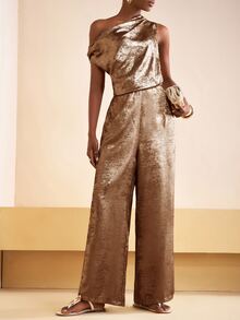 Zivah Rust Brown Summer Elegant Party Night Jumpsuit,Gold Asymmetric Ruched Cinched Waist Shiny Textured Boho Wedding Guest Banquet Holiday Streetwear - Mocha Brown - View 6