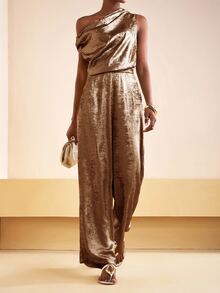 Zivah Rust Brown Summer Elegant Party Night Jumpsuit,Gold Asymmetric Ruched Cinched Waist Shiny Textured Boho Wedding Guest Banquet Holiday Streetwear - Mocha Brown - View 4