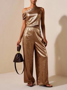 Zivah Rust Brown Summer Elegant Party Night Jumpsuit,Gold Asymmetric Ruched Cinched Waist Shiny Textured Boho Wedding Guest Banquet Holiday Streetwear - Mocha Brown - View 8