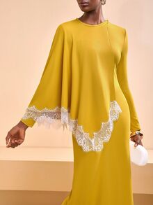 Zivah Women's Lace Patchwork Round Neck Elegant Mini Dress - Yellow - View 7
