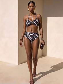 Zivah New Stylish Animal Print Detachable Strap Swimwear Bikini Set, Suitable For Vacation, Beach, Pool Party - Black and White - View 2