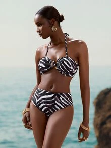 Zivah New Stylish Animal Print Detachable Strap Swimwear Bikini Set, Suitable For Vacation, Beach, Pool Party - Black and White - View 9