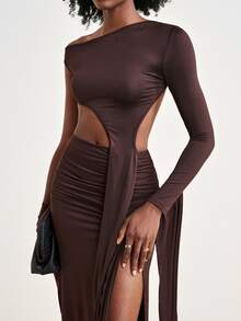 Zivah Women's Dark Brown Autumn Seksi Chic Long Dress,Night Out One-Shoulder Backless Side Cut Out Split Thigh Maxi Dress For Wedding Party Banquet - Brown - View 7