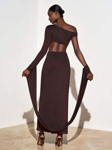 Zivah Women's Dark Brown Autumn Seksi Chic Long Dress,Night Out One-Shoulder Backless Side Cut Out Split Thigh Maxi Dress For Wedding Party Banquet - Brown - View 2