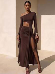 Zivah Women's Dark Brown Autumn Seksi Chic Long Dress,Night Out One-Shoulder Backless Side Cut Out Split Thigh Maxi Dress For Wedding Party Banquet - Brown - View 1
