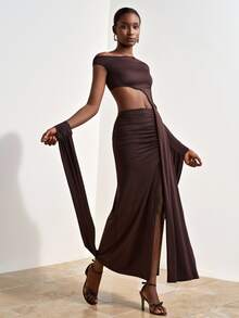 Zivah Women's Dark Brown Autumn Seksi Chic Long Dress,Night Out One-Shoulder Backless Side Cut Out Split Thigh Maxi Dress For Wedding Party Banquet - Brown - View 4