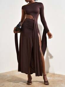 Zivah Women's Dark Brown Autumn Seksi Chic Long Dress,Night Out One-Shoulder Backless Side Cut Out Split Thigh Maxi Dress For Wedding Party Banquet - Brown - View 6