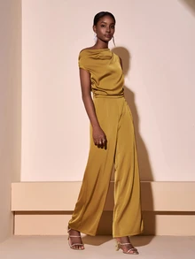 Zivah Elegant Mustard Yellow Summer Jumpsuit For Wedding Guest,Shiny Textured Fabric Asymmetric Ruched Waist Gold Boho Style Party Banquet Business Casual - Yellow - View 5