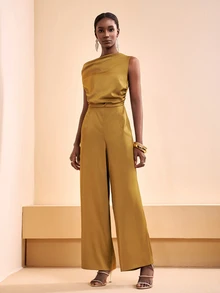 Zivah Elegant Mustard Yellow Summer Jumpsuit For Wedding Guest,Shiny Textured Fabric Asymmetric Ruched Waist Gold Boho Style Party Banquet Business Casual - Yellow - View 4