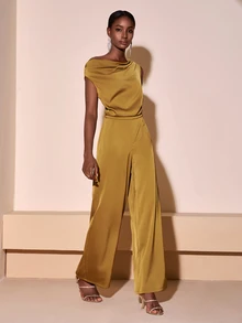 Zivah Elegant Mustard Yellow Summer Jumpsuit For Wedding Guest,Shiny Textured Fabric Asymmetric Ruched Waist Gold Boho Style Party Banquet Business Casual - Yellow - View 8